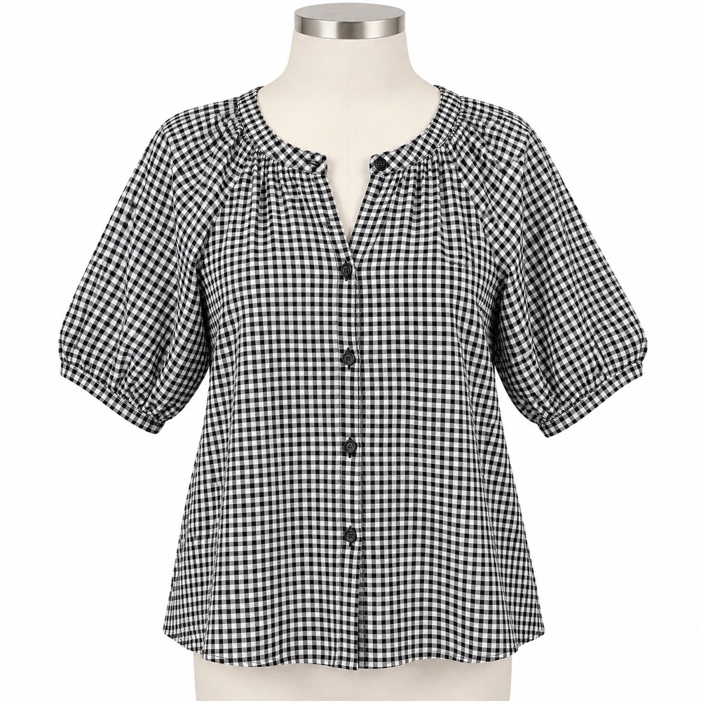 NEW Evereve Puff Sleeve Gingham Top Women's Medium Black White Short Sleeve